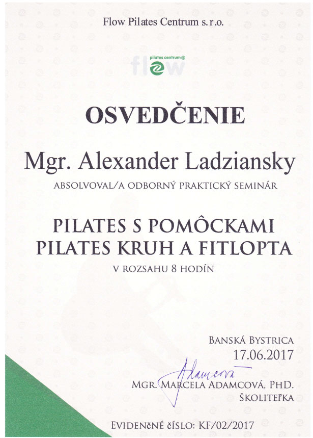 Certifikát Pilates Alex kruh a fitlopta