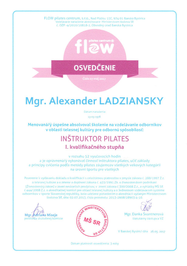 Certifikát Pilates inštruktor Alex