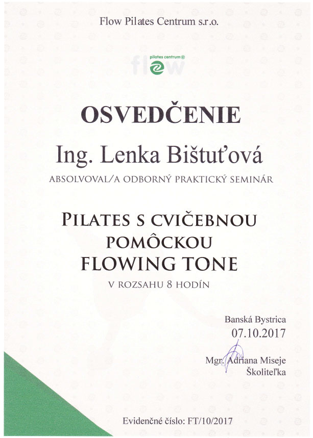 Certifikát Pilates Lenka flowing tone