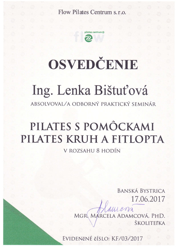 Certifikát Pilates Lenka kruh a fitlopta