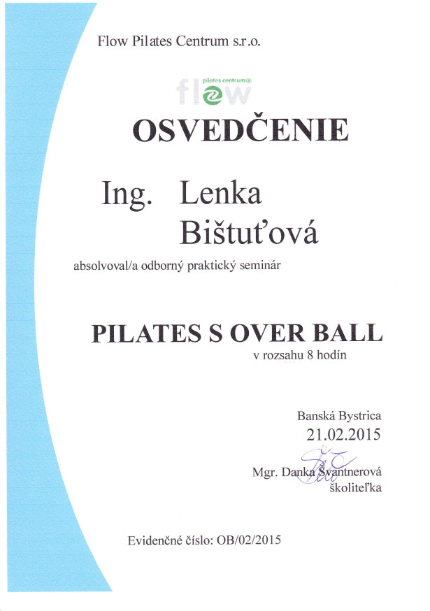 Certifikát Pilates Lenka over ball