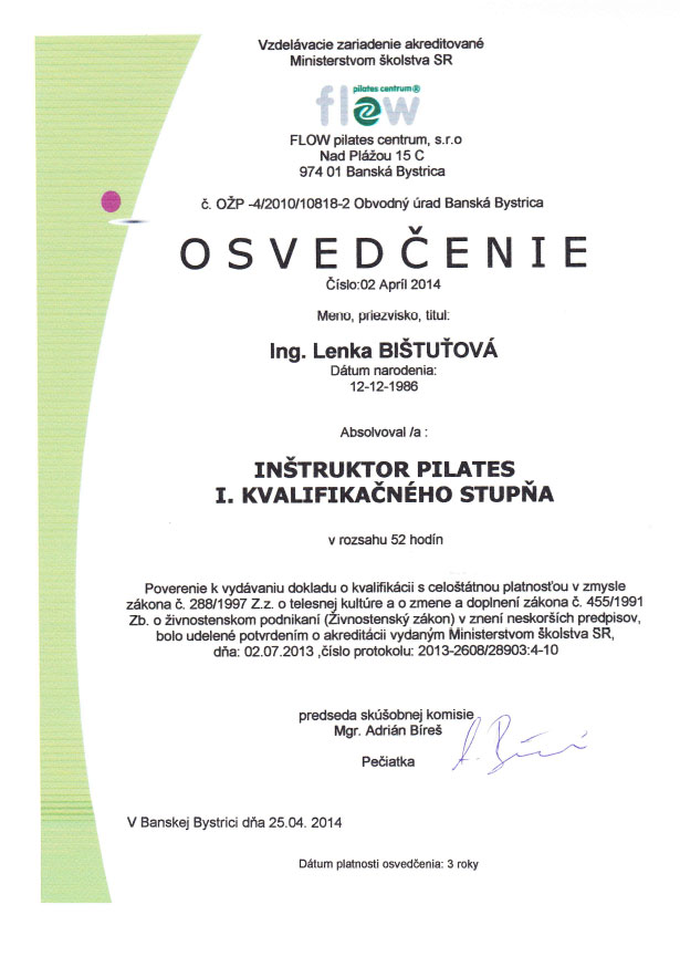 Certifikát inštruktor Pilates Lenka