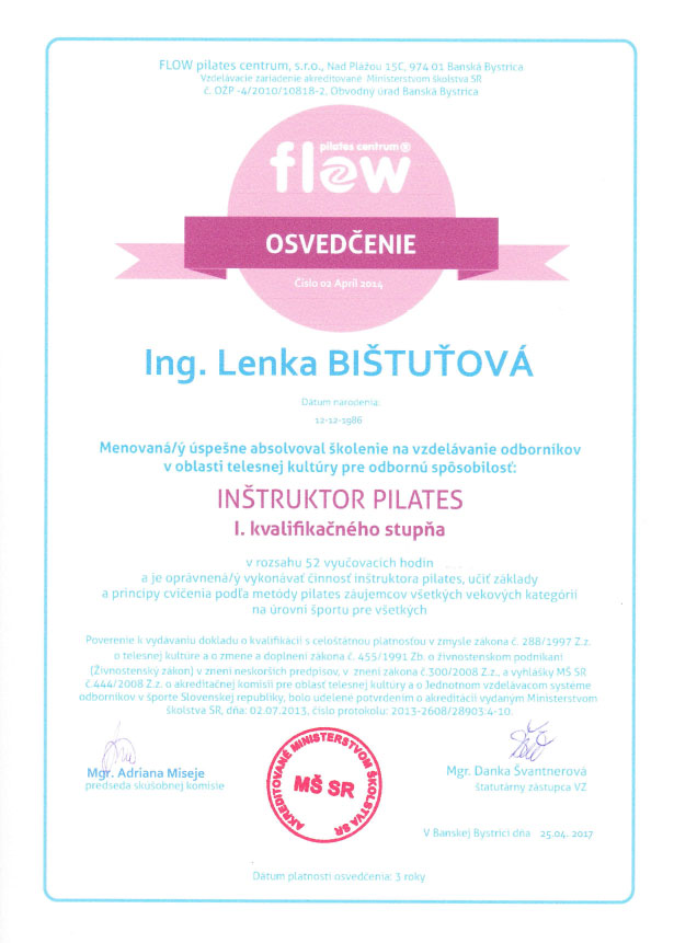 Certifikát Pilates inštruktor Alex