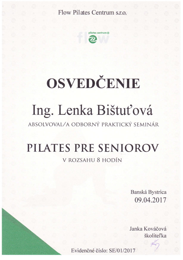 Certifikát Pilates pre seniorov Lenka