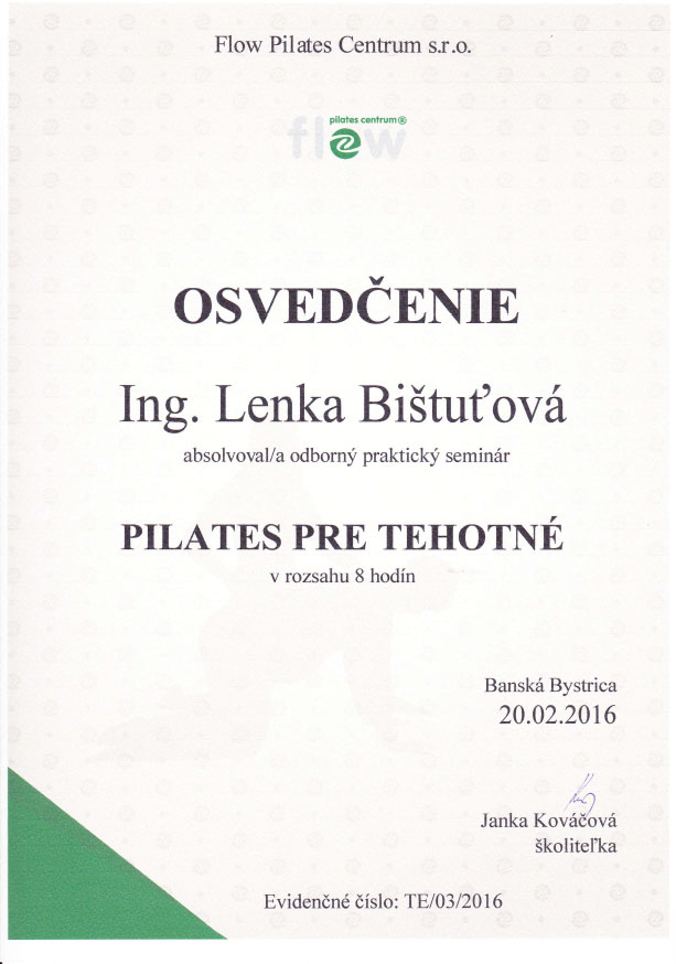 Certifikát Pilates pre tehotné Lenka 