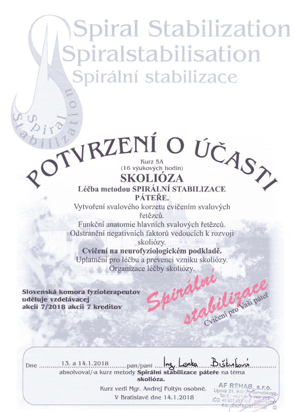 Certifikát Pilates Lenka skolióza