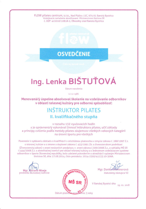 Certifikát Pilates lektor II. stupňa Lenka