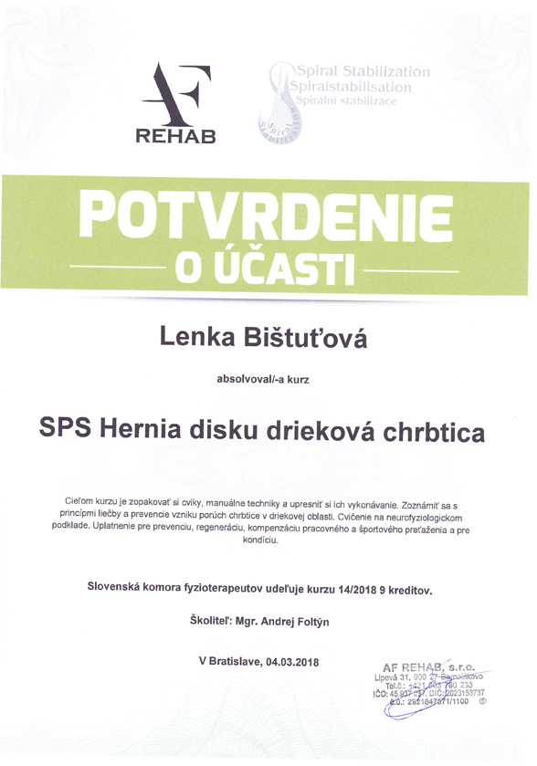 Certifikát Pilates Lenka manuálne techniky