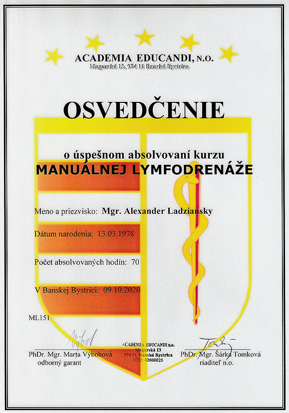 Certifikát Manuálna lymfodrenáž Alexander