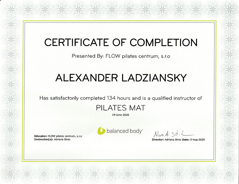 Certifikát Pilates MAT Balance Body Alexander
