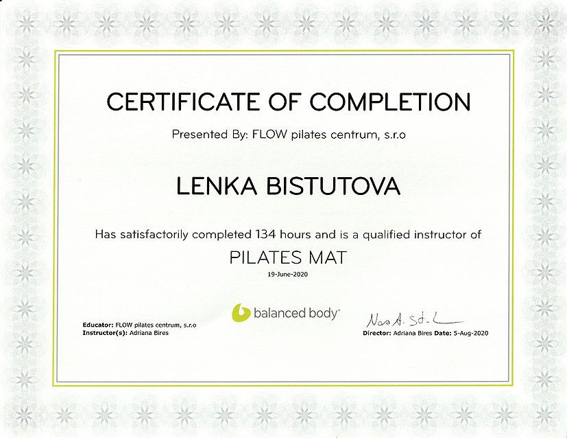 Certifikát Pilates MAT Balance Body Lenka