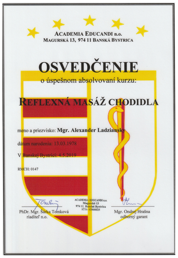 Certifikát Reflexná masáž chodidiel Alexander
